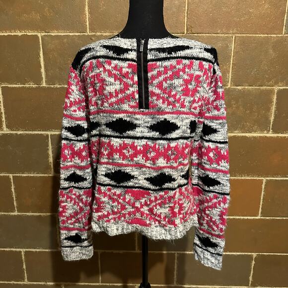 Cache Pink Geometric Knit Fuzzy Boxy Cozy Sweater Women’s L Large - Picture 5 of 9